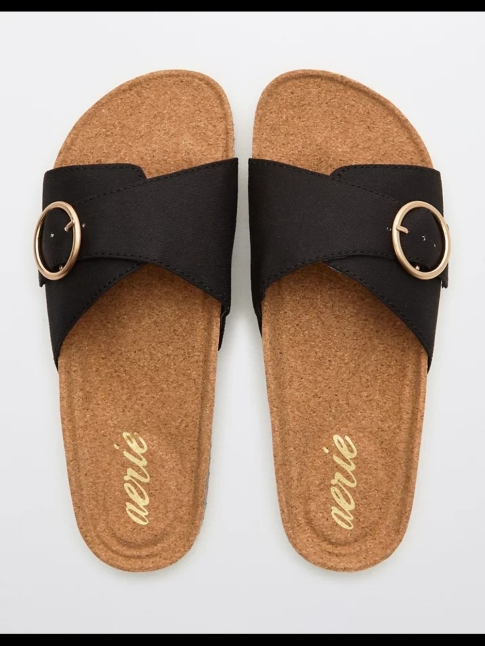 aerie | Black Slide Sandals with Gold Buckle Detail